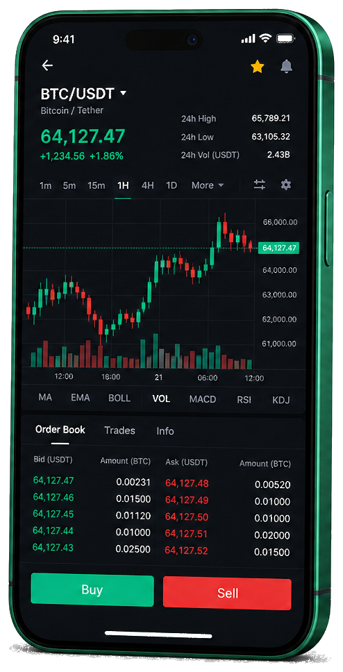 Interface mobile de trading Rhonaivene — prix BTC/USDT en direct, carnet d’ordres et outils de passage d’ordres